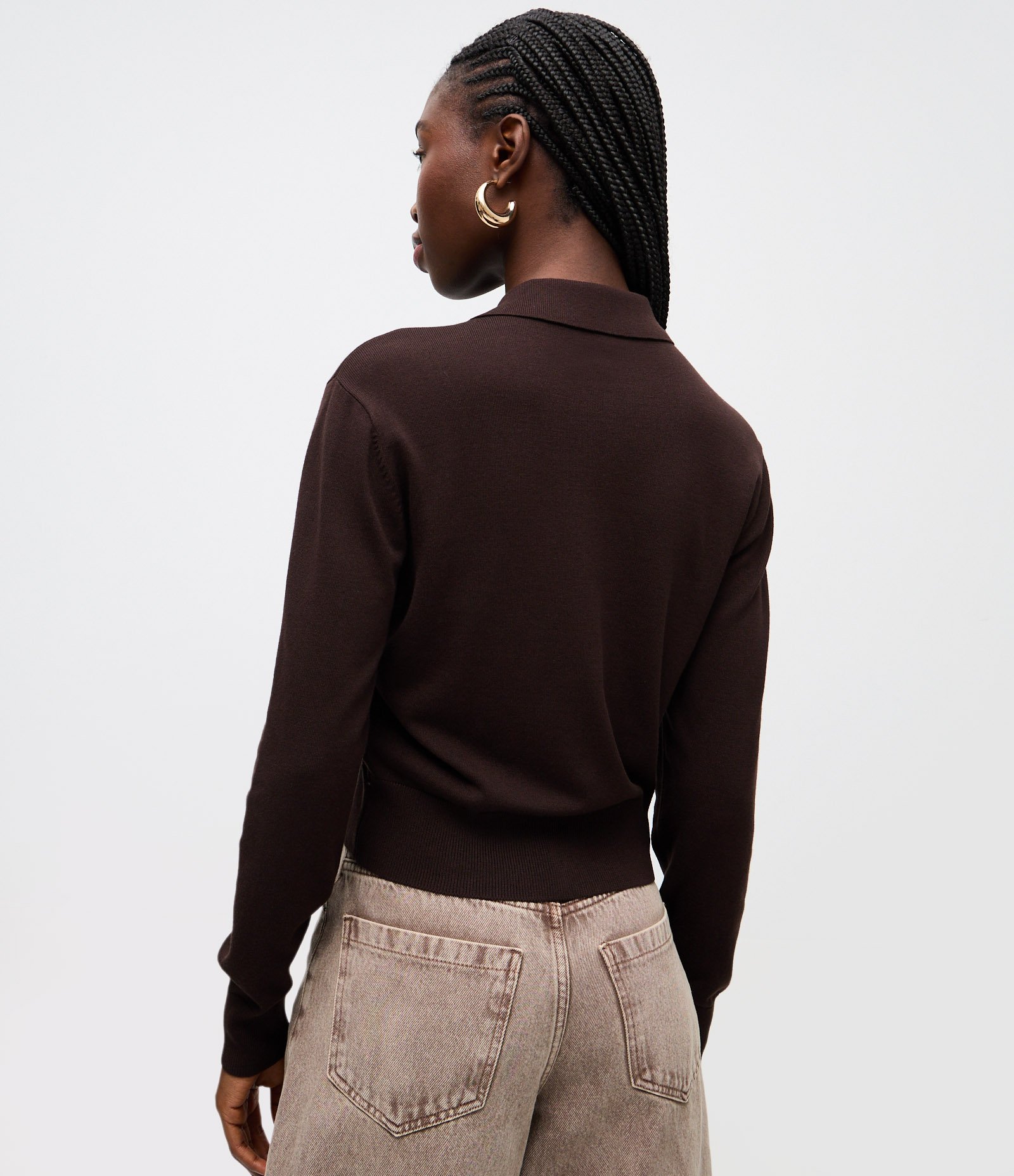 Blusa Manga Longa em Tricô com Gola Polo e Bolso Frontal Marrom 4