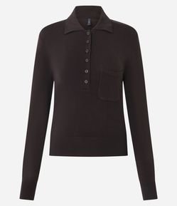 Blusa Manga Longa em Tricô com Gola Polo e Bolso Frontal