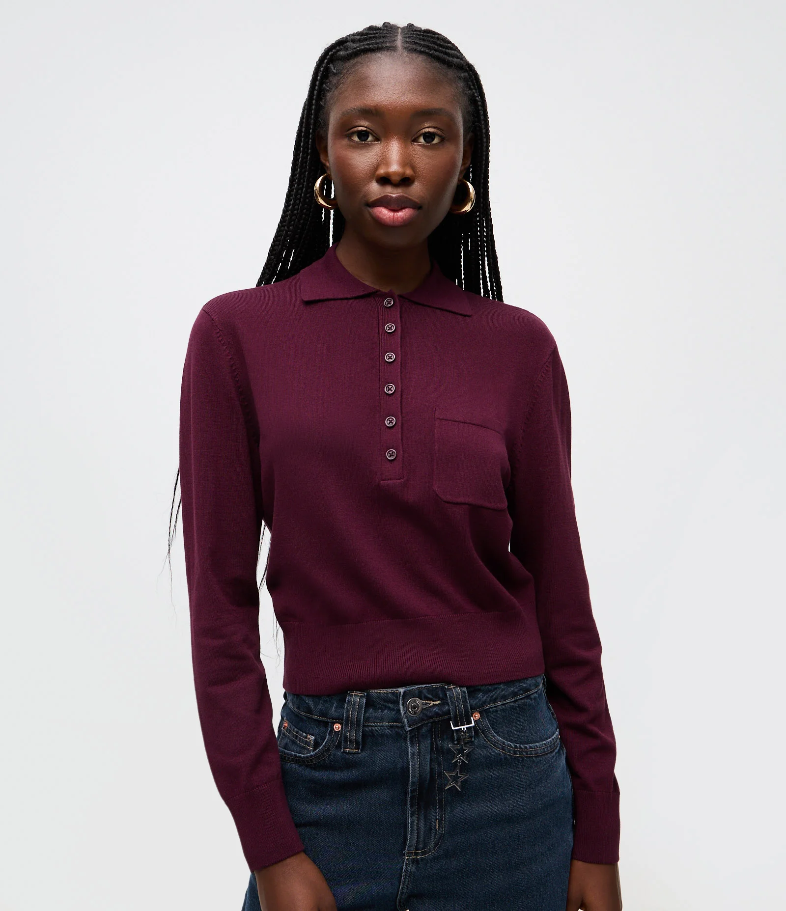 Blusa Manga Longa em Tricô com Gola Polo e Bolso Frontal Bordô 1