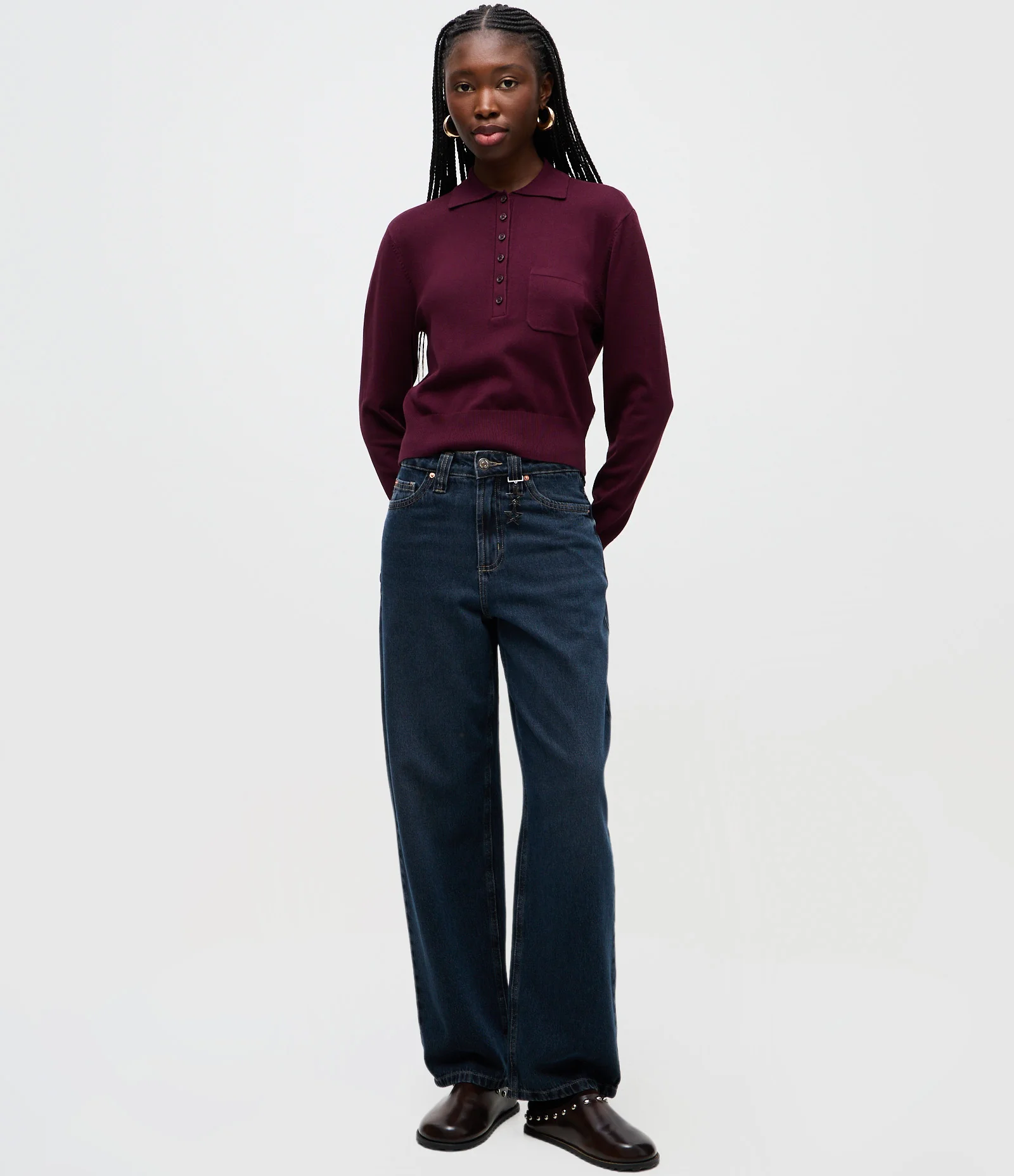 Blusa Manga Longa em Tricô com Gola Polo e Bolso Frontal Bordô 2