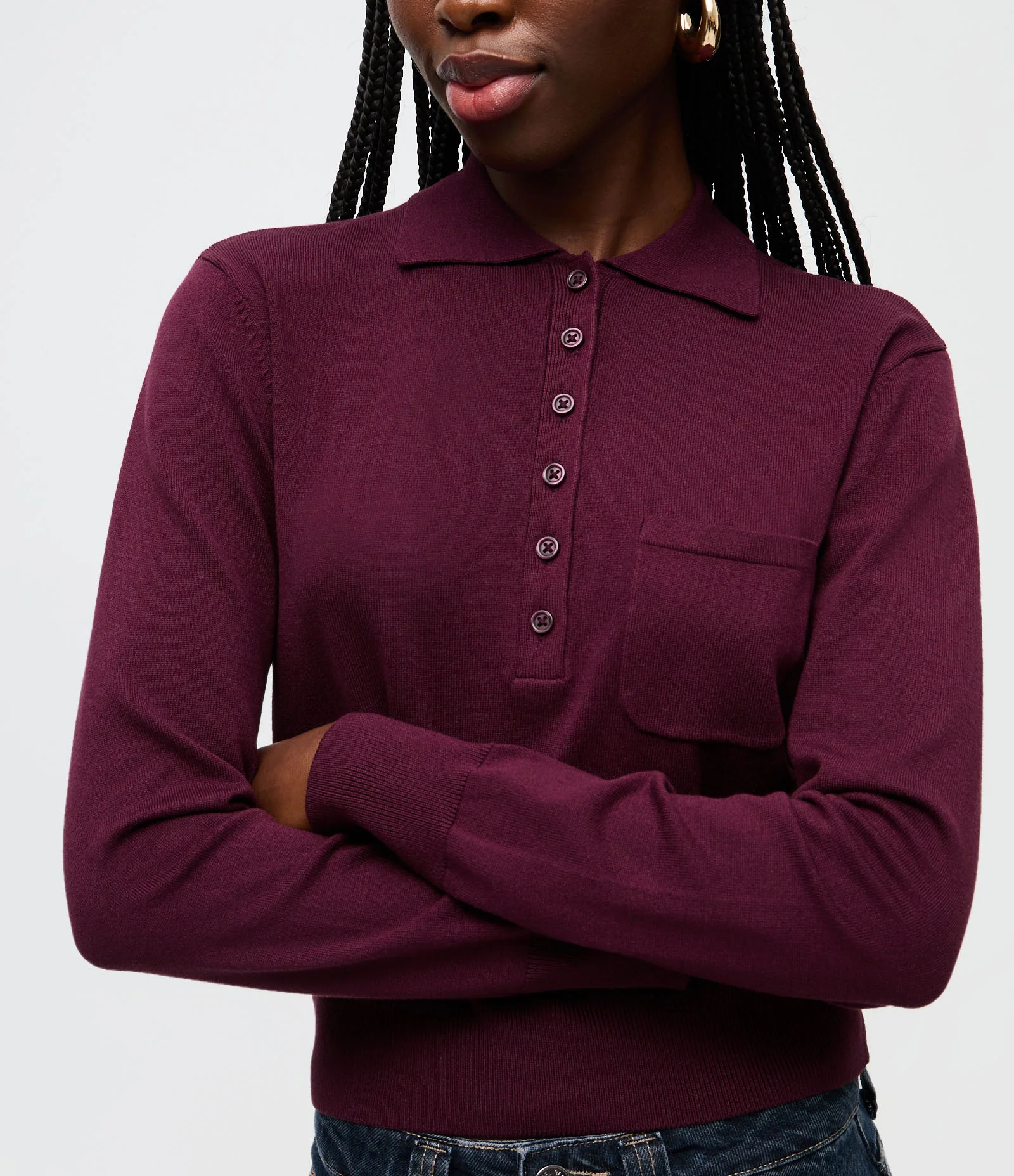 Blusa Manga Longa em Tricô com Gola Polo e Bolso Frontal Bordô 3