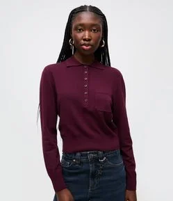 Blusa Manga Longa em Tricô com Gola Polo e Bolso Frontal