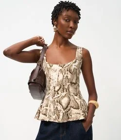 Blusa Regata em Alfaiataria com Alça Larga e Estampa de Cobra