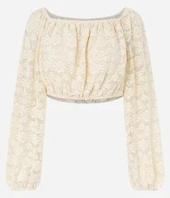 Blusa Cropped Ombro a Ombro em Jacquard Floral