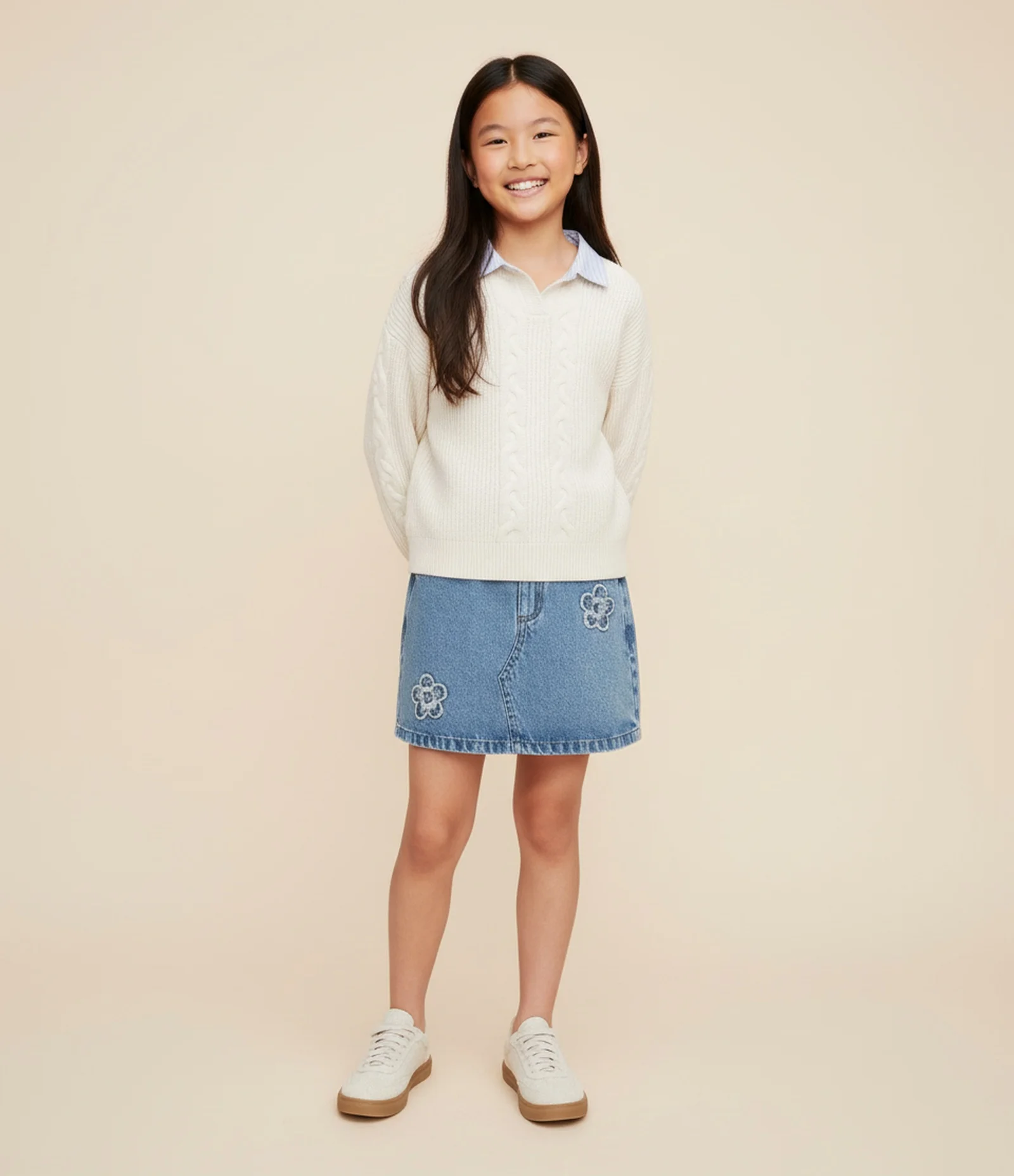 Casaco Infantil em Efeito Tricô com Gola Listrada – Tam 5 a 14 Anos Off White 1