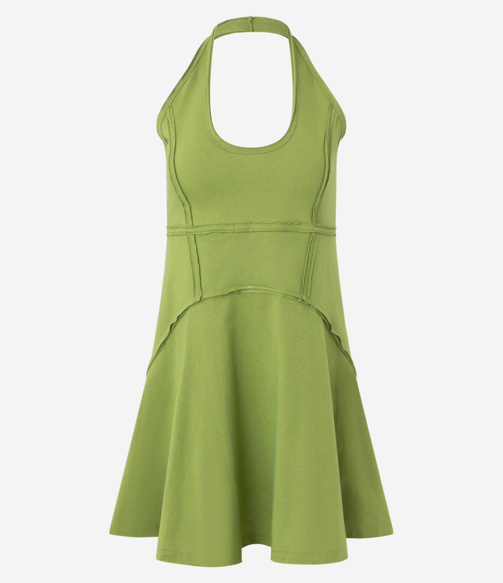 Vestido Evasê Frente Única em Algodão com Recortes Avessos Verde 5