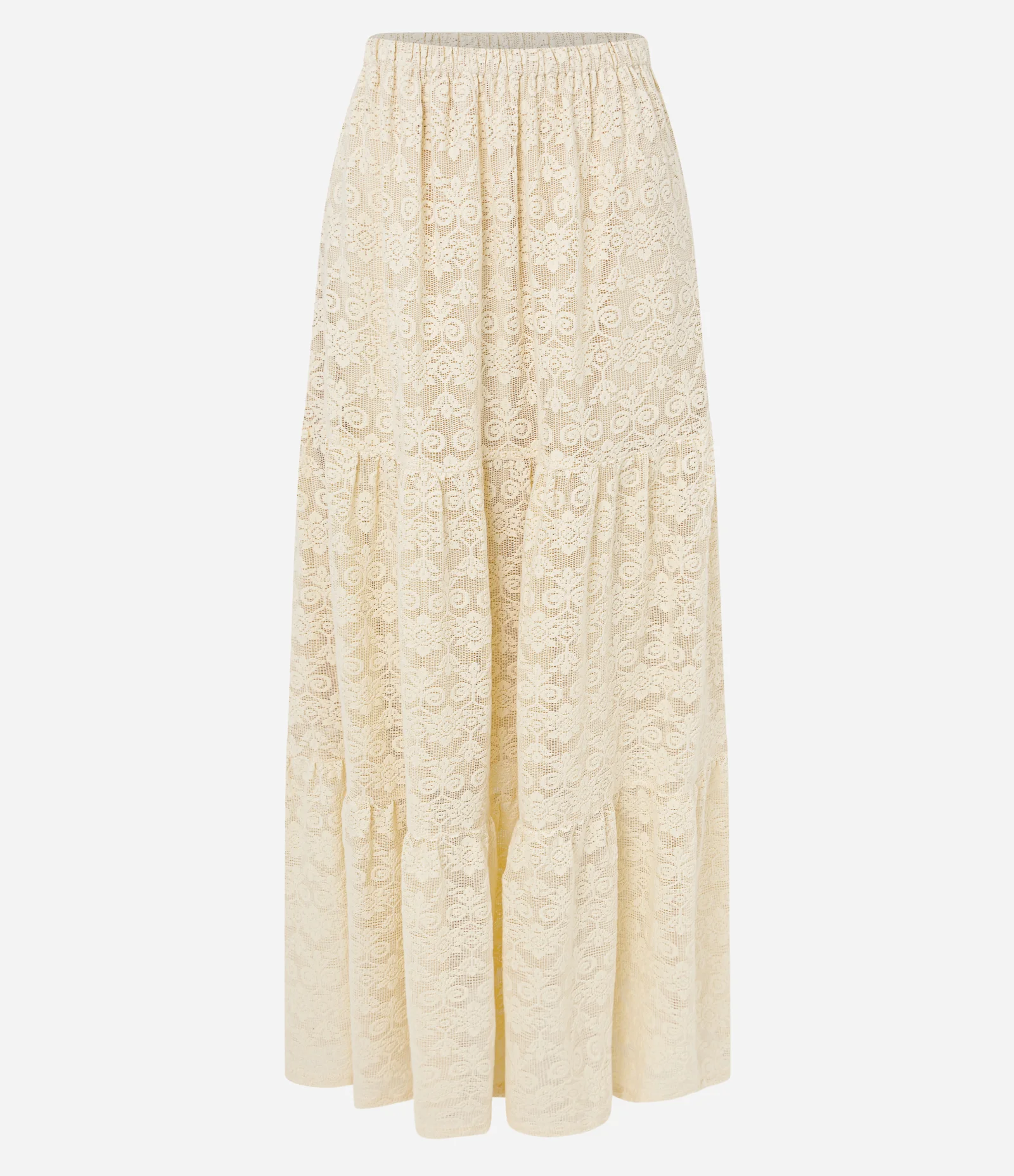 Saia Longa em Jacquard Floral com Babados Bege 1