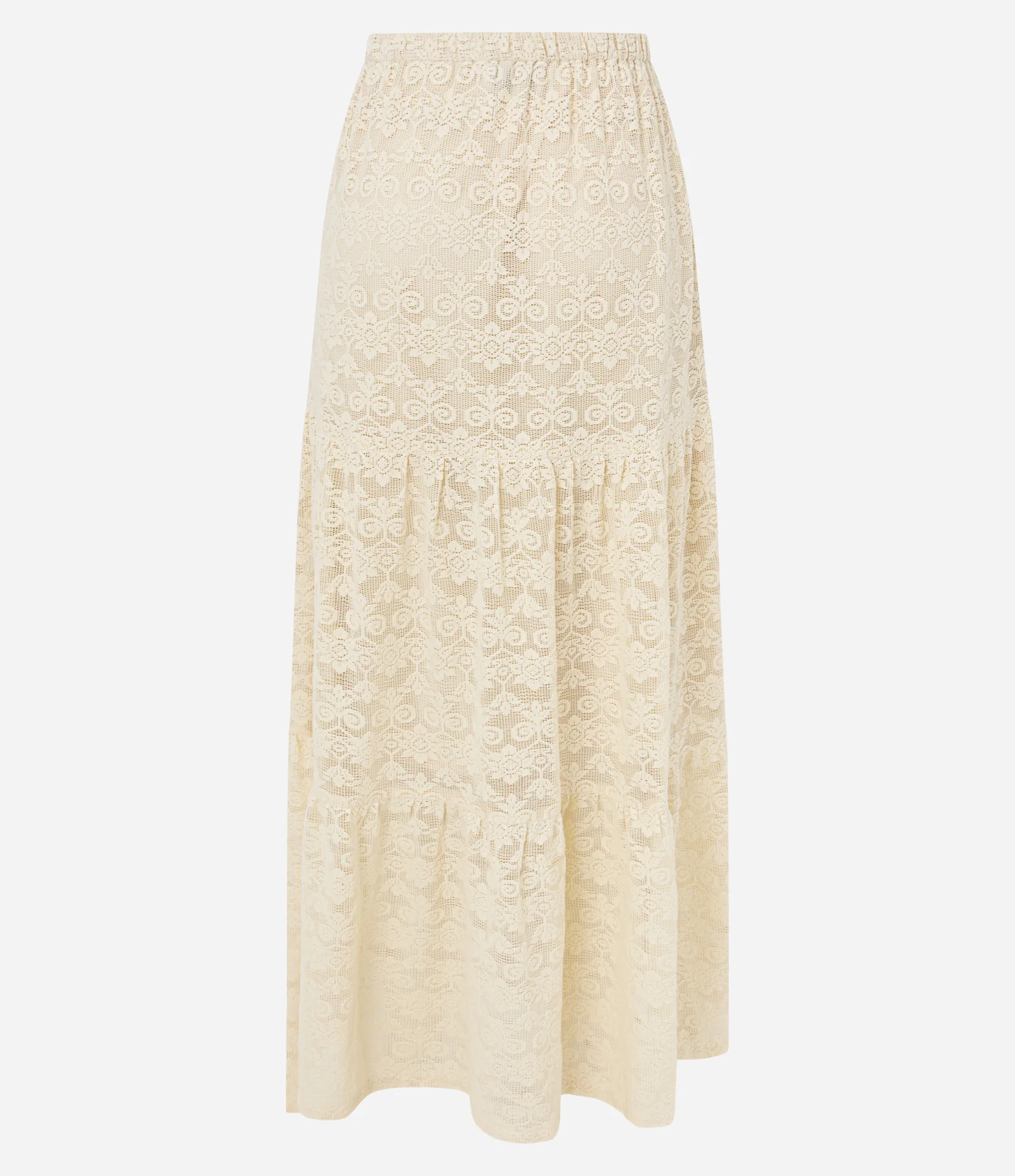 Saia Longa em Jacquard Floral com Babados Bege 3