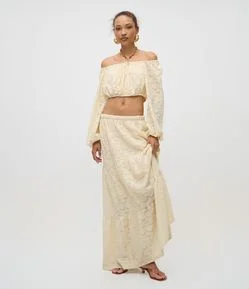 Saia Longa em Jacquard Floral com Babados