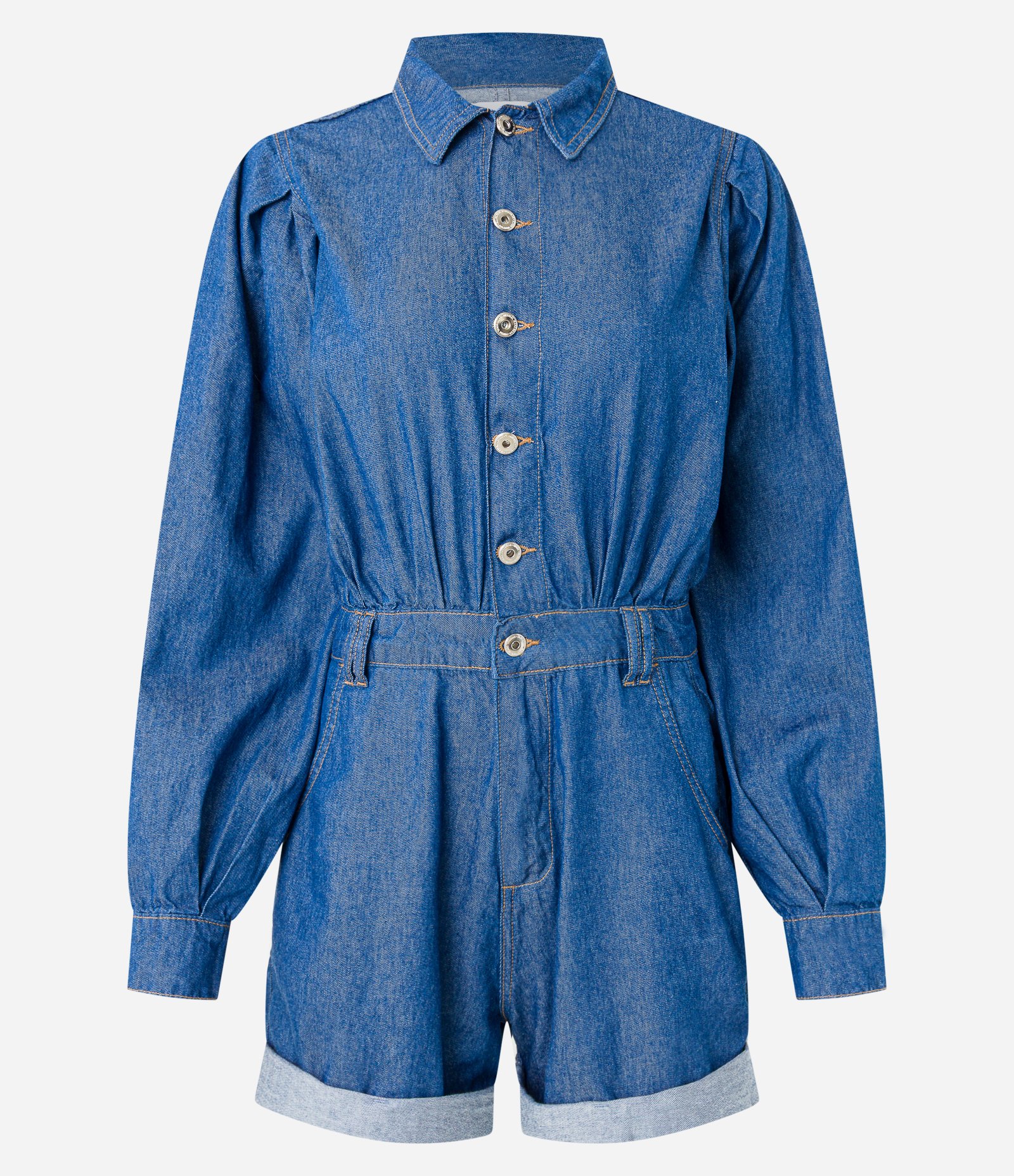 Macaquinho em Jeans com Gola Polo e Manga Bufante Azul 4