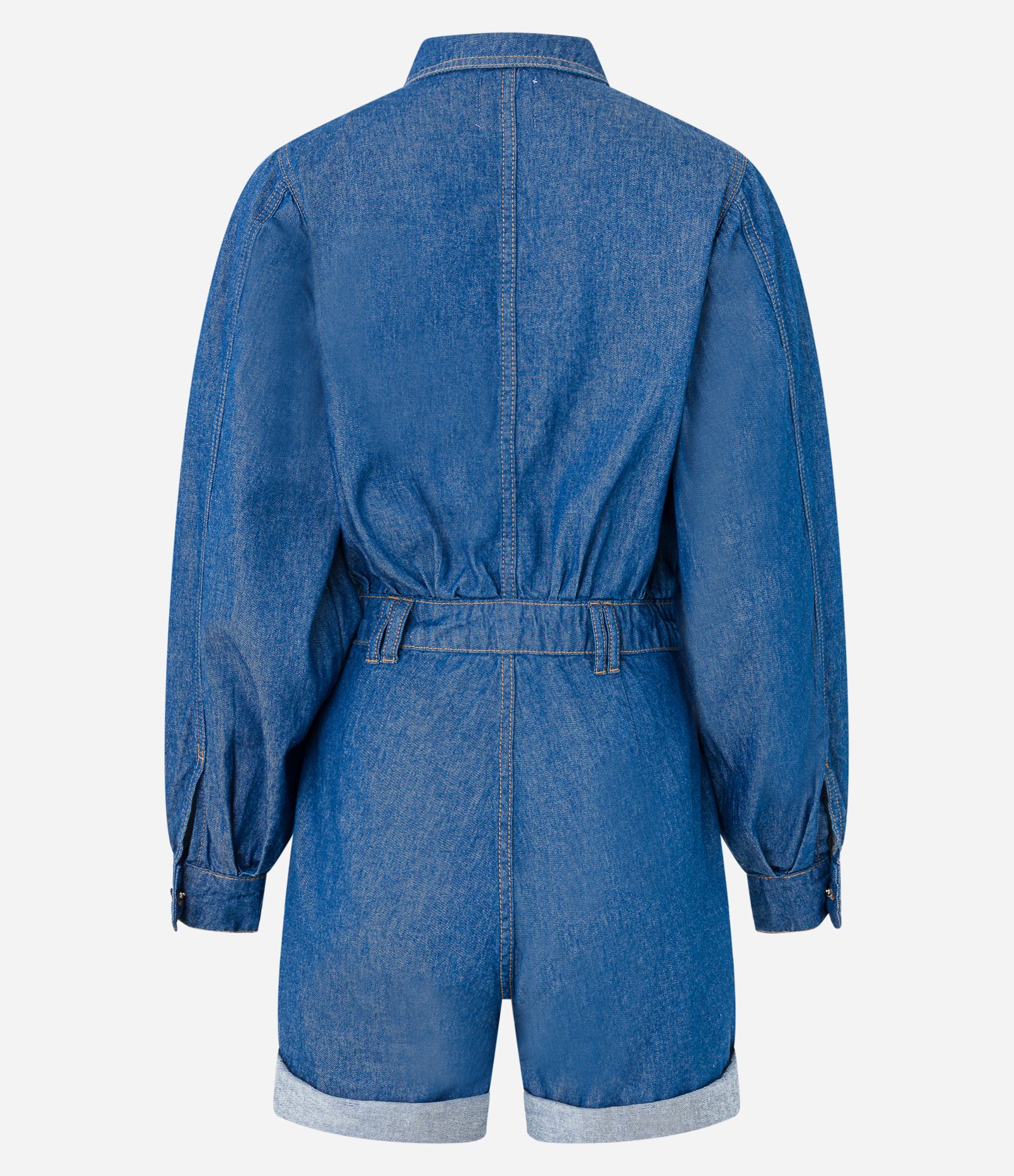 Macaquinho em Jeans com Gola Polo e Manga Bufante Azul 5