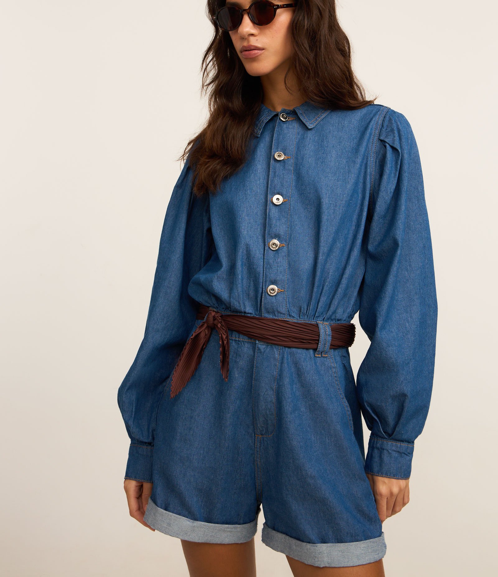 Macaquinho em Jeans com Gola Polo e Manga Bufante Azul 2