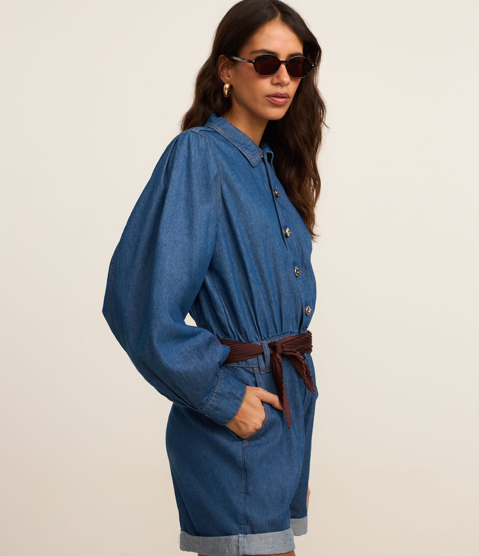 Macaquinho em Jeans com Gola Polo e Manga Bufante Azul 3