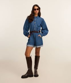 Macaquinho em Jeans com Gola Polo e Manga Bufante