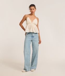 Calça Wide Leg em Jeans com Cós Dobrado