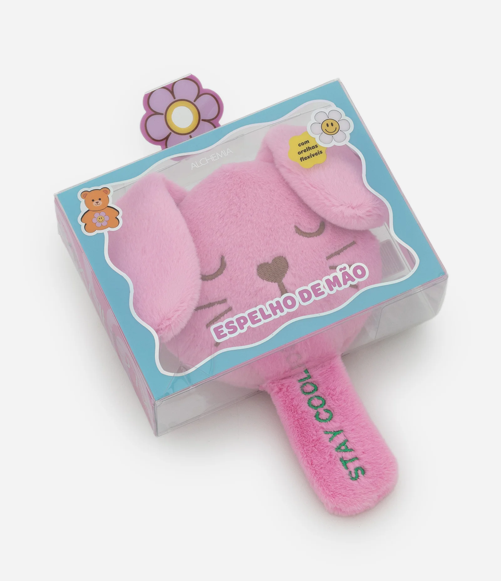 Espelho com Cabo de Urso de Pelucia Fun Alchemia Rosa 1