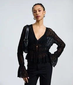 Blusa Renda Texturizada com Lacinhos e Manga Longa