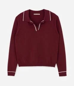 Suéter Slim em Tricô com Gola Polo e Detalhe Contrastante