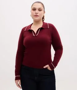 Suéter Slim em Tricô com Gola Polo e Detalhe Contrastante