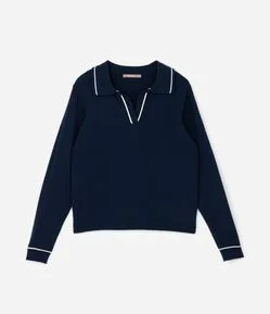 Suéter Slim em Tricô com Gola Polo e Detalhe Contrastante