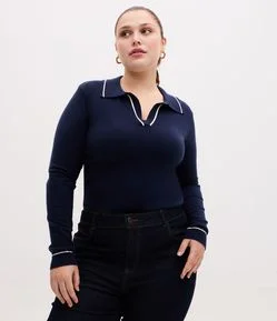 Suéter Slim em Tricô com Gola Polo e Detalhe Contrastante