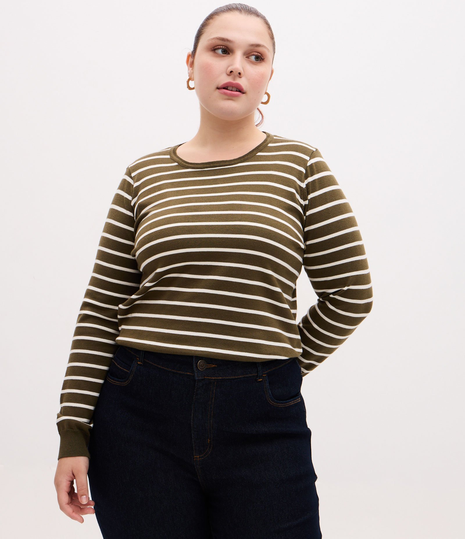 Suéter Regular em Tricô com Listras Curve & Plus Size Verde 1