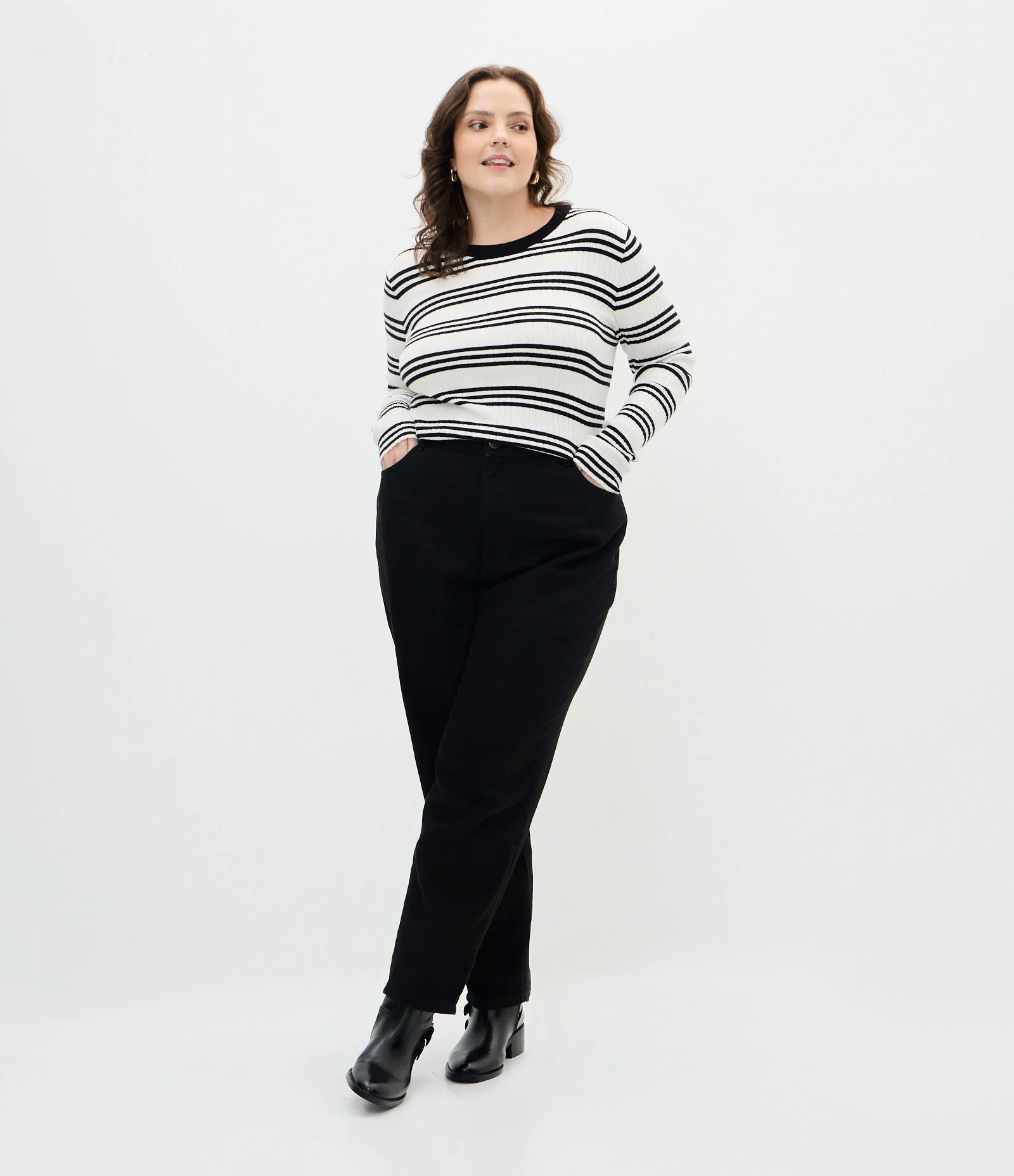 Blusa Alongada em Tricô Canelado com Listras Curve & Plus Size Preto 2