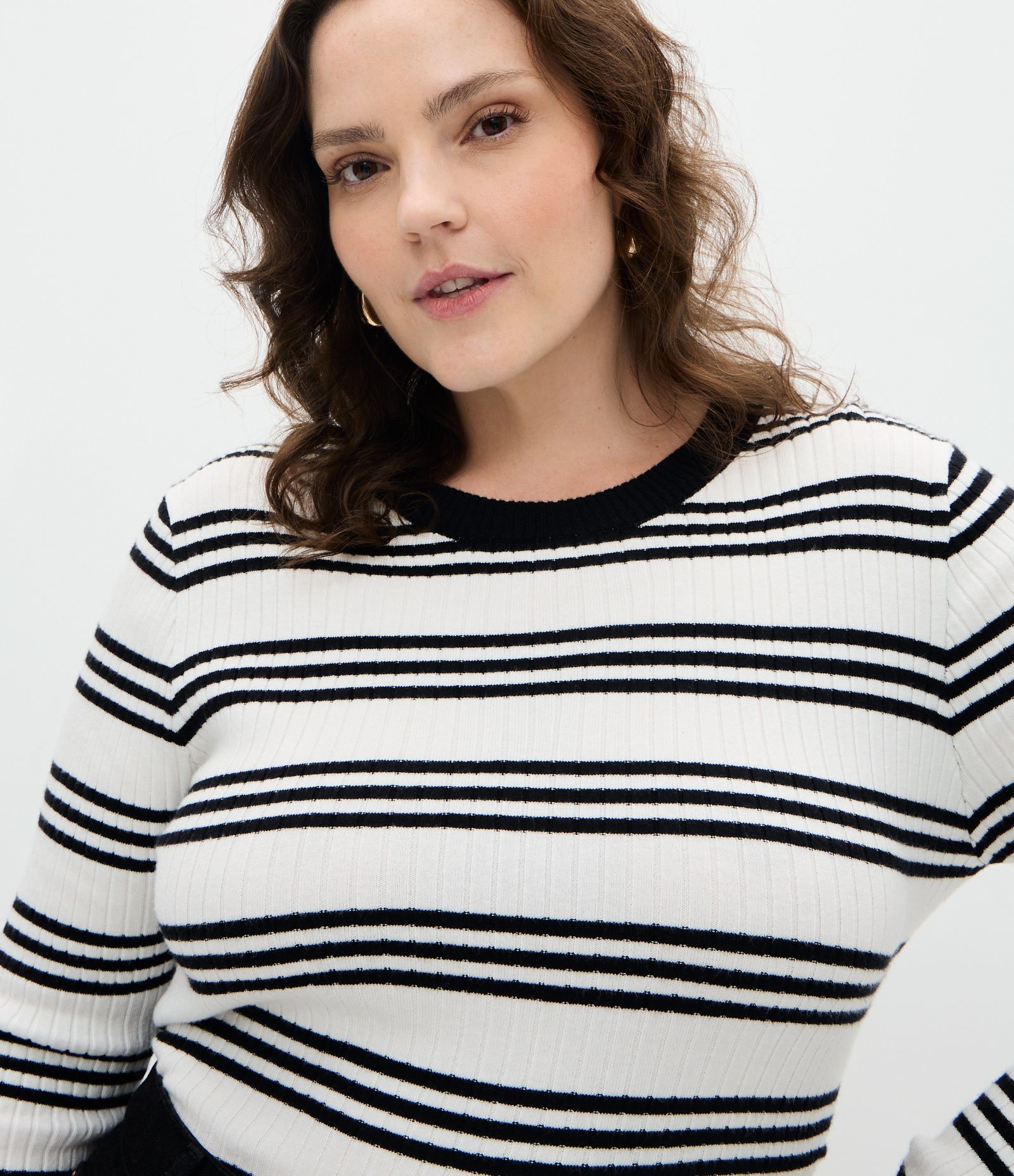 Blusa Alongada em Tricô Canelado com Listras Curve & Plus Size Preto 3