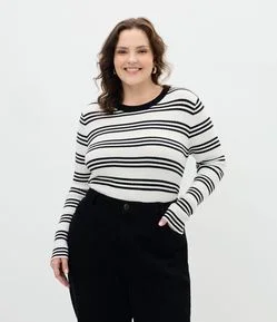 Blusa Alongada em Tricô Canelado com Listras Curve & Plus Size