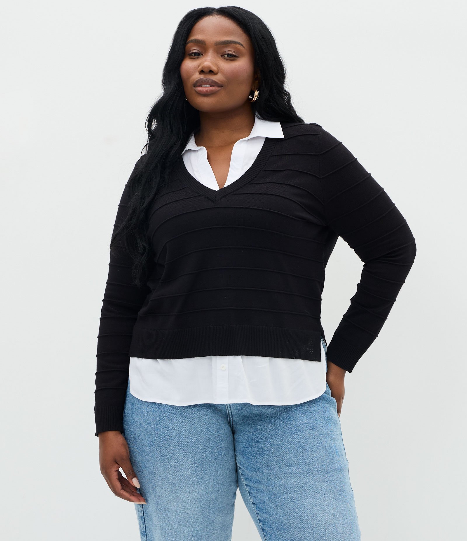 Suéter em Tricô com Efeito de Sobreposição Curve & Plus Size Preto 1