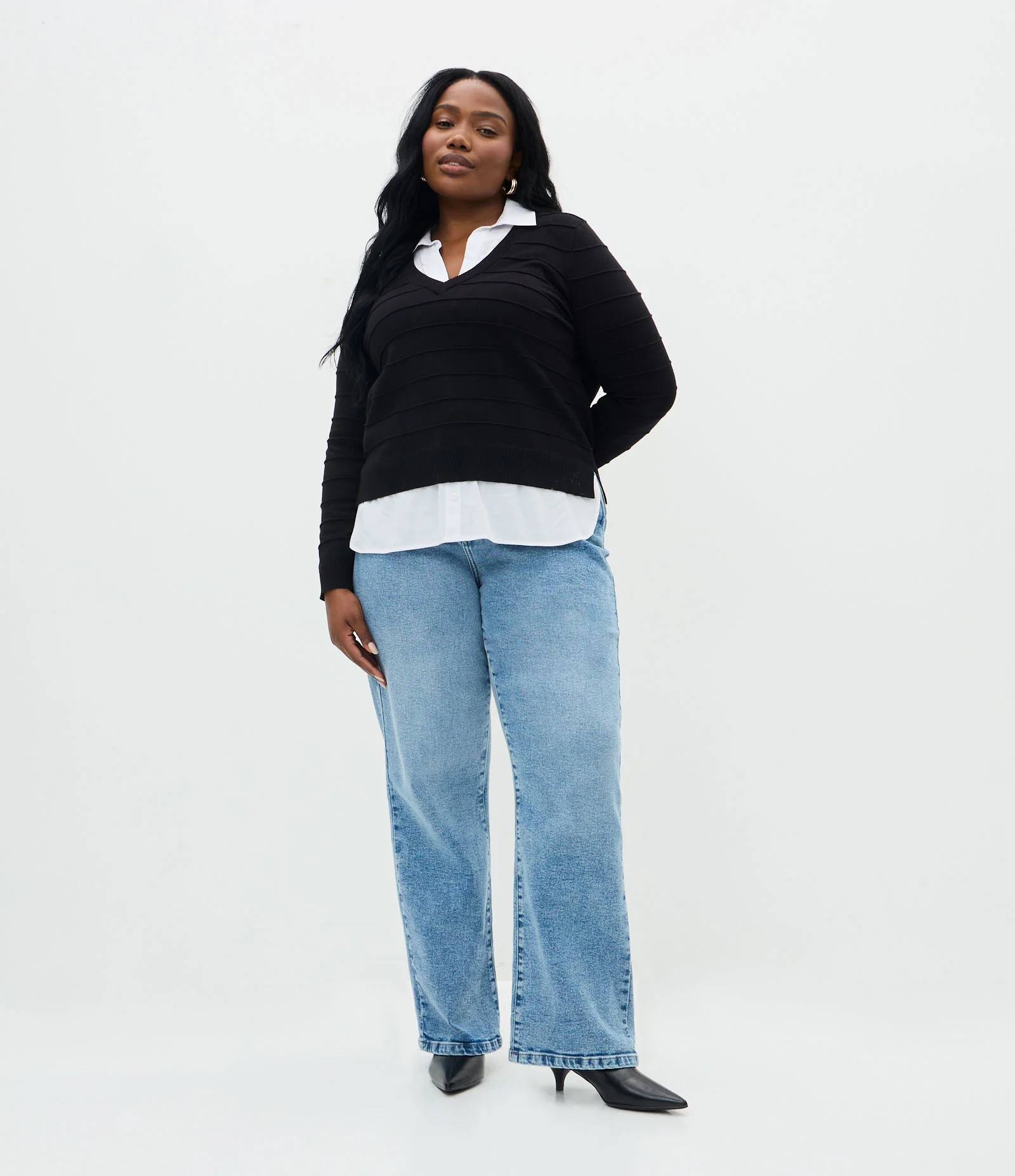 Suéter em Tricô com Efeito de Sobreposição Curve & Plus Size Preto 2
