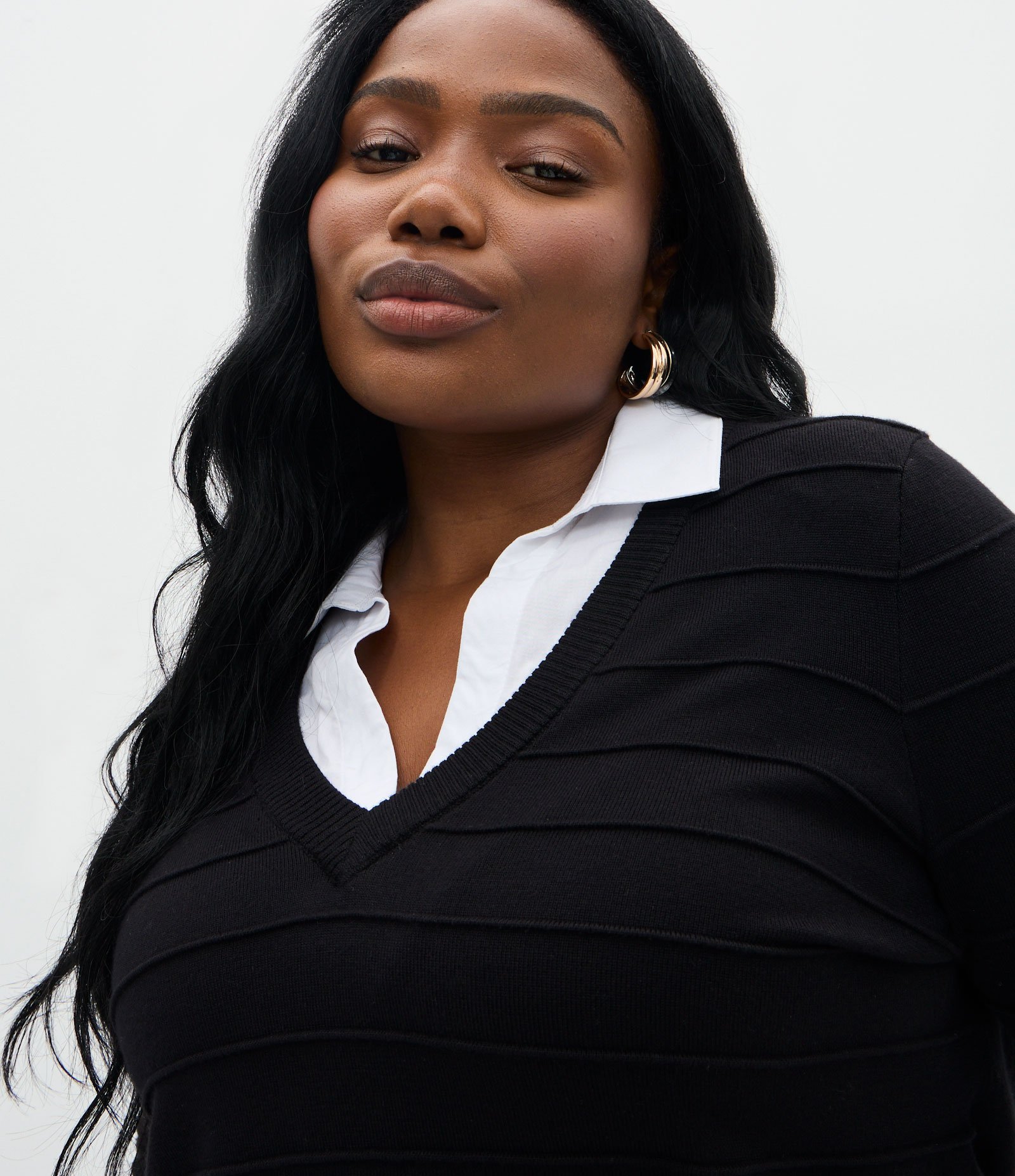 Suéter em Tricô com Efeito de Sobreposição Curve & Plus Size Preto 3