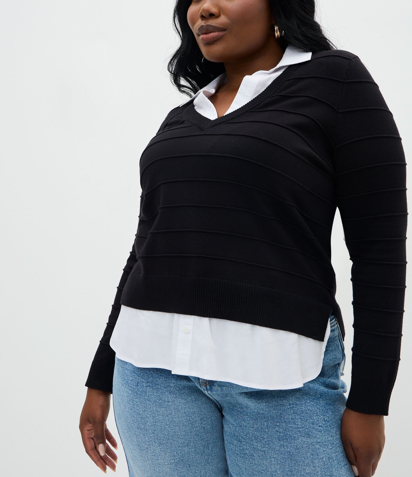 Suéter em Tricô com Efeito de Sobreposição Curve & Plus Size Preto 4
