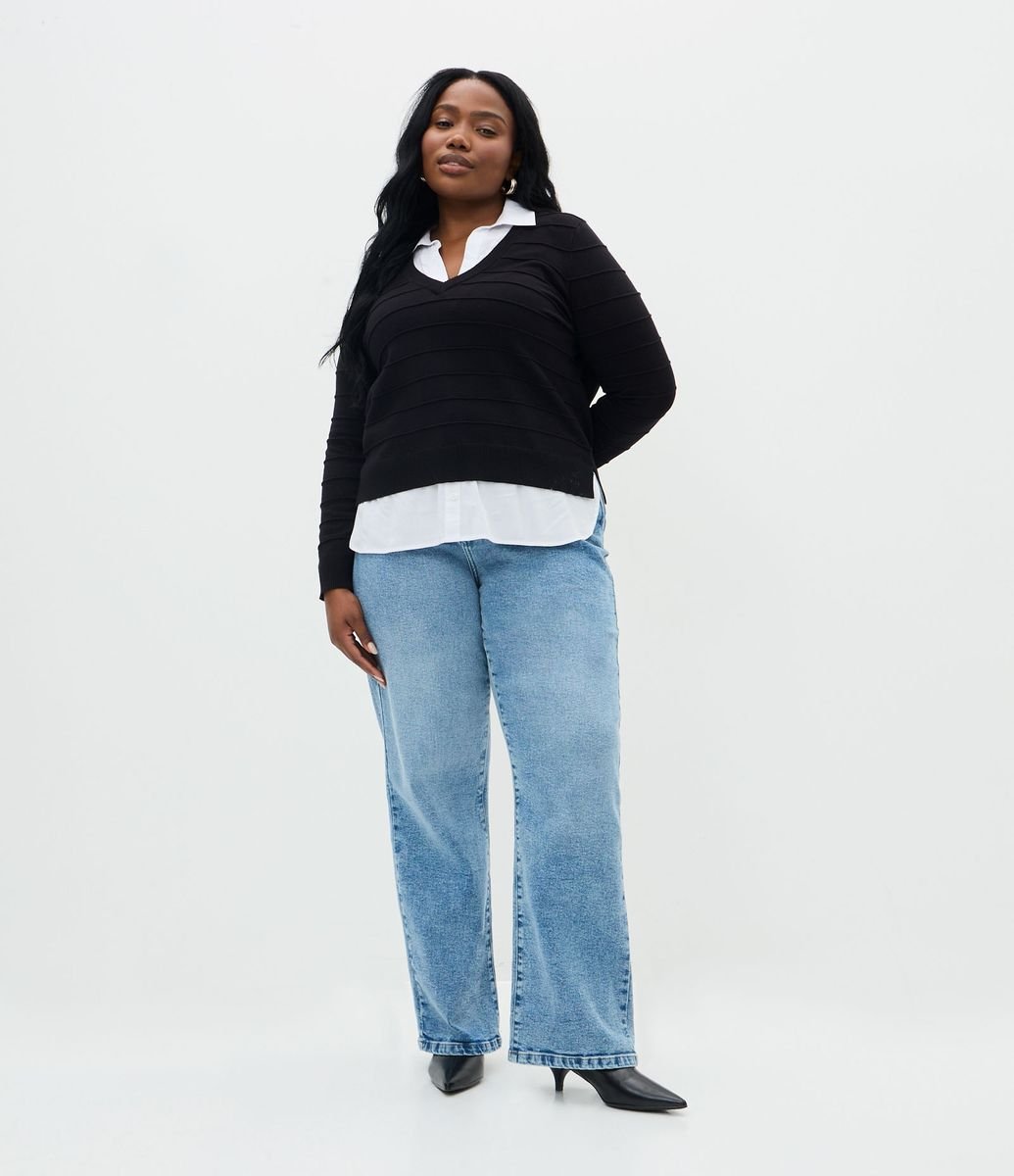 Suéter em Tricô com Efeito de Sobreposição Curve & Plus Size Preto