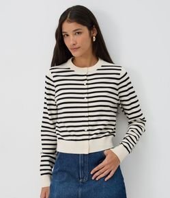 Cardigan Curto em Tricô Listrado com Gola Redonda
