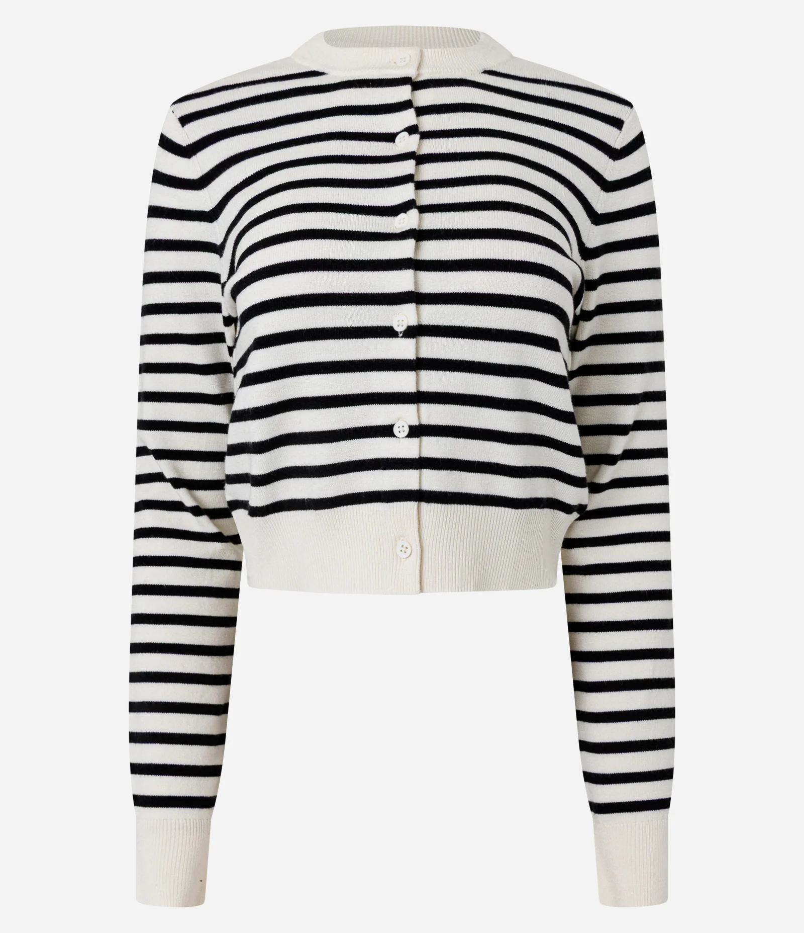 Cardigan Curto em Tricô Listrado com Gola Redonda Off White e Preto 1