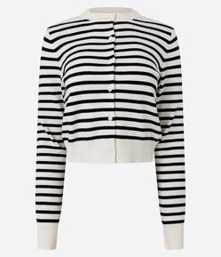 Cardigan Curto em Tricô Listrado com Gola Redonda