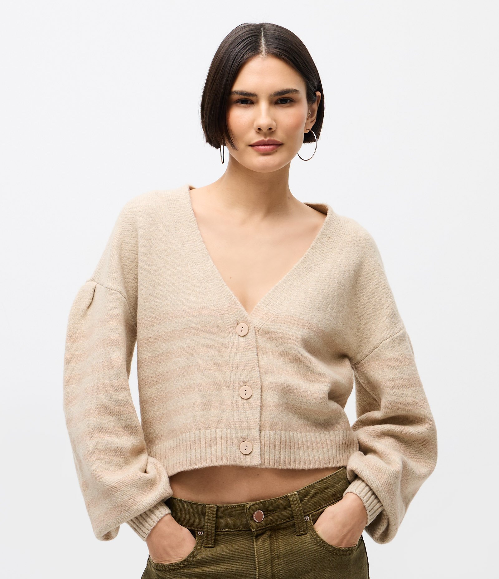 Cardigan em Tricô Listrado com Decote V Bege 1