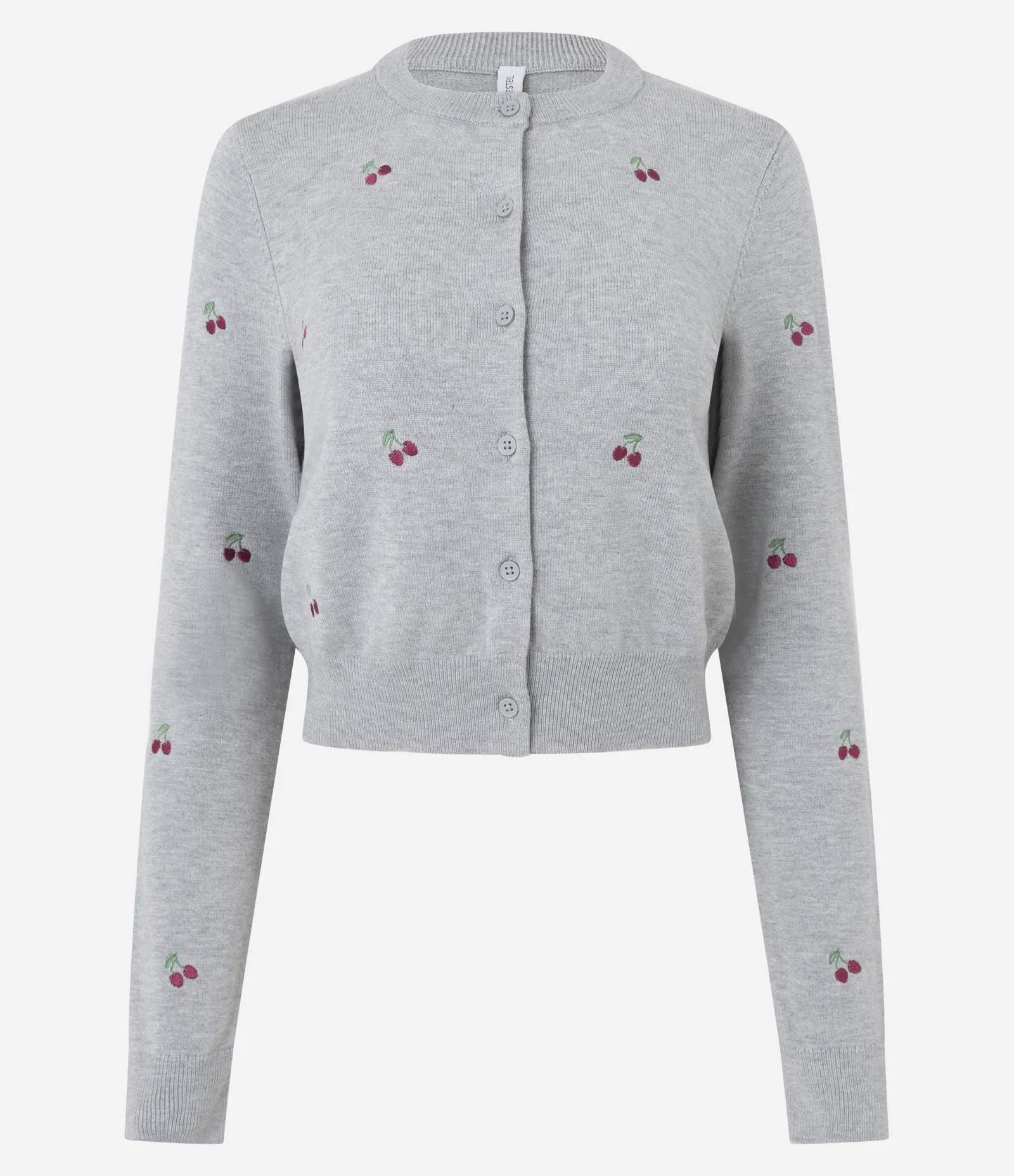 Cardigan Curto em Tricô com Bordados de Cereja Cinza 5