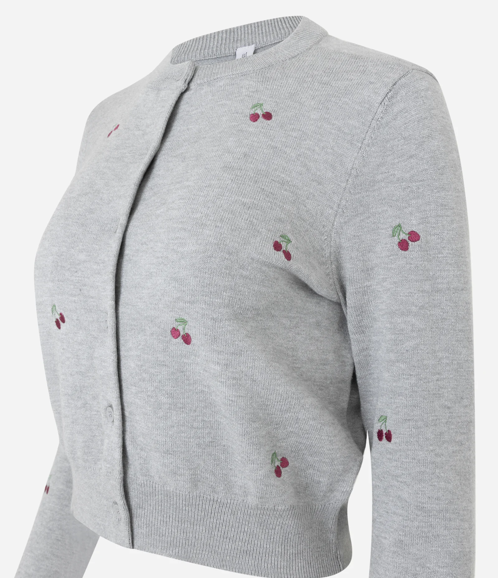 Cardigan Curto em Tricô com Bordados de Cereja Cinza 6