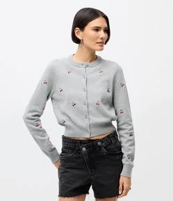 Cardigan Curto em Tricô com Bordados de Cereja