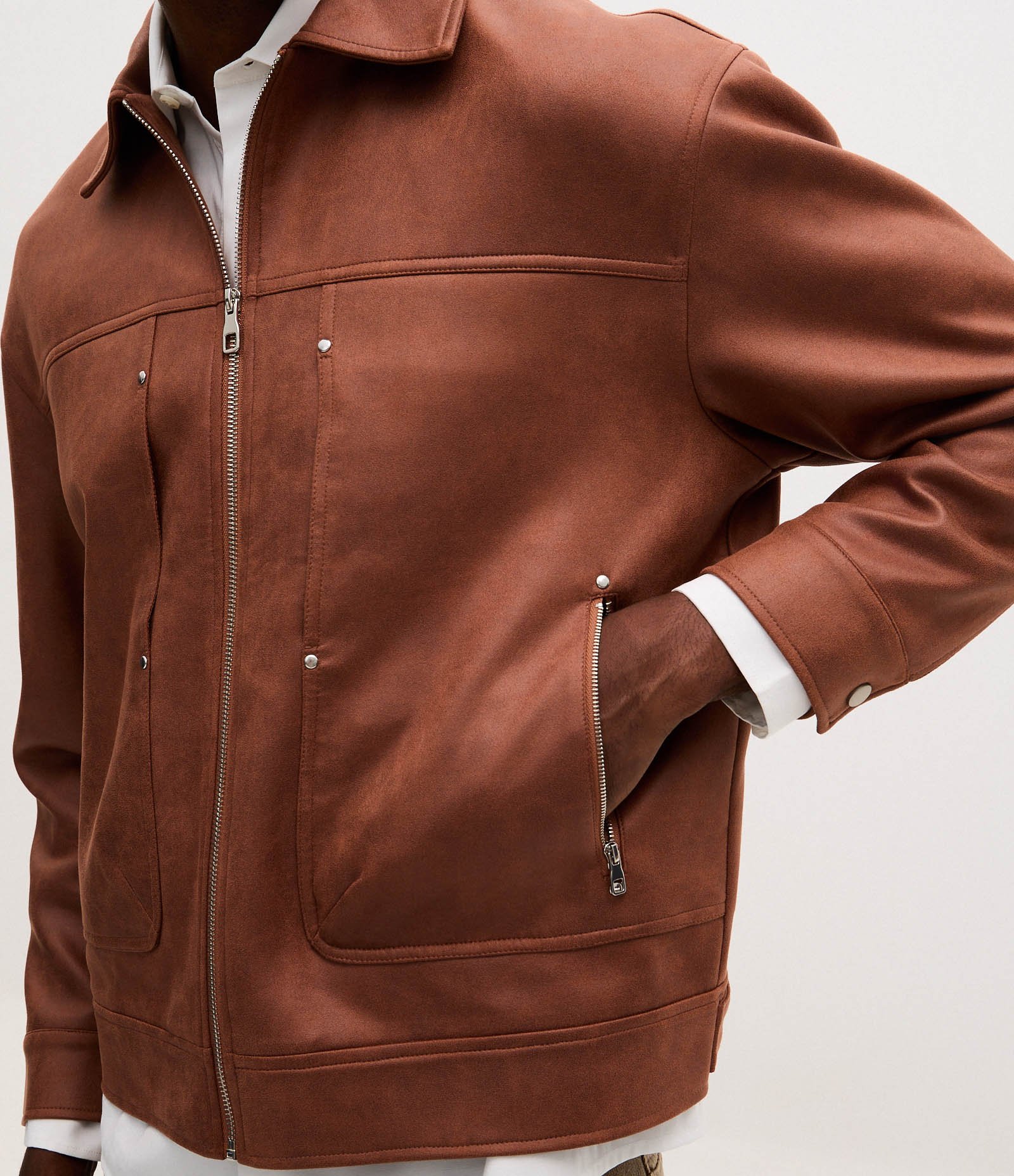 Jaqueta Suede Liso com Zíper Marrom 5