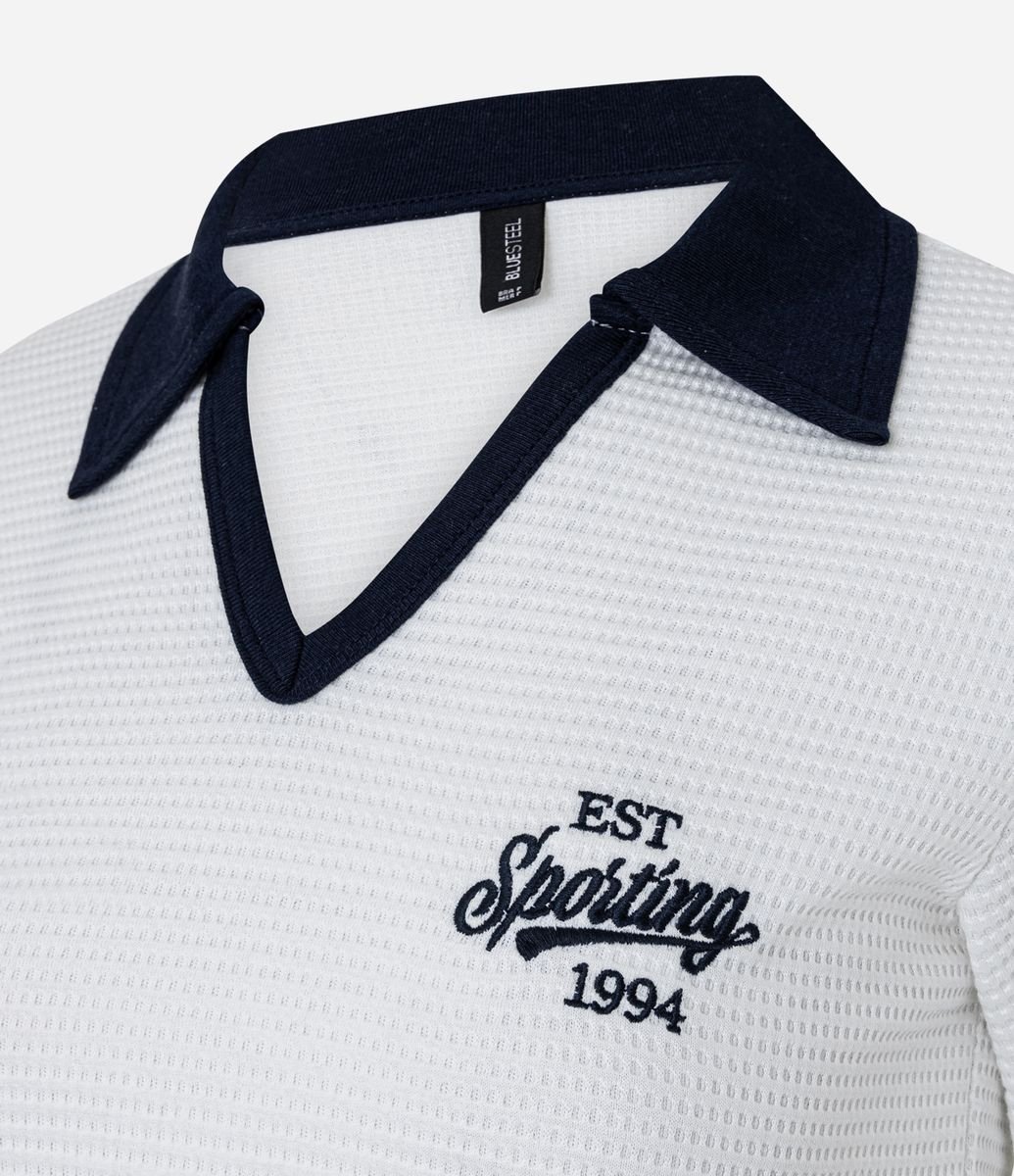 Blusa Polo em Algodão com Bordado Sporting e Texturizada Branco