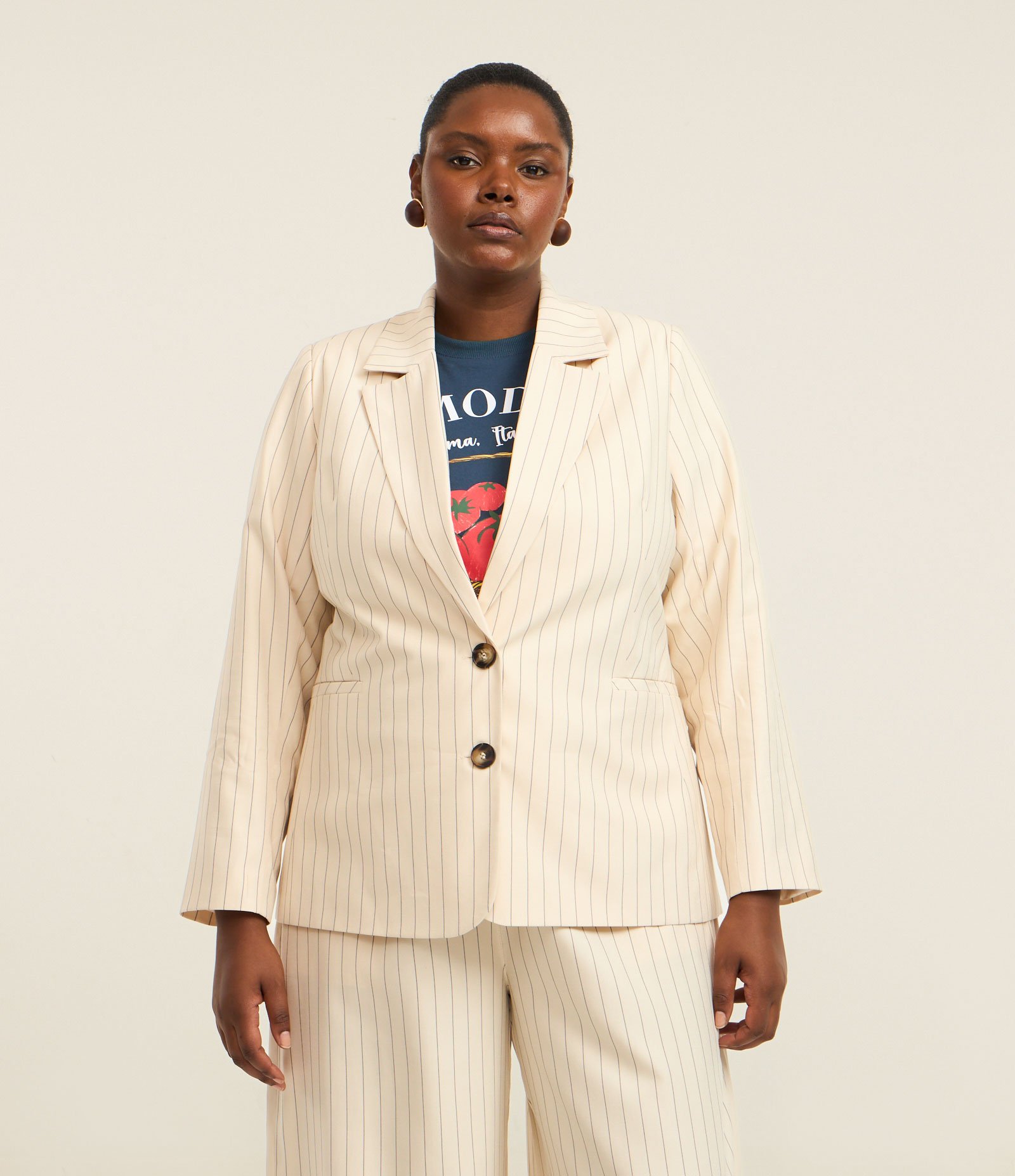 Blazer Alfaiatado com Estampa de Listras Curve & Plus Size Bege 1