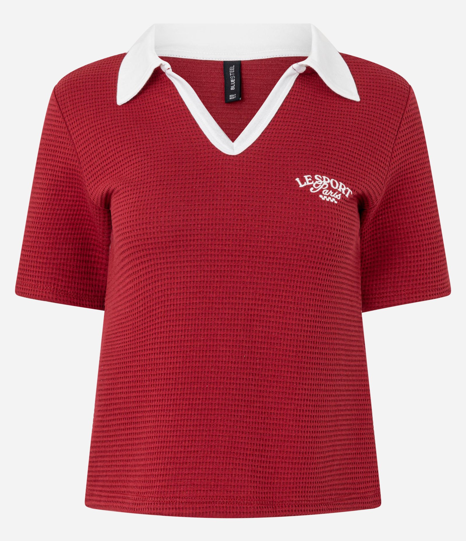 Blusa Polo com Viés Contrastantes Bordado e Textura Vermelho 4