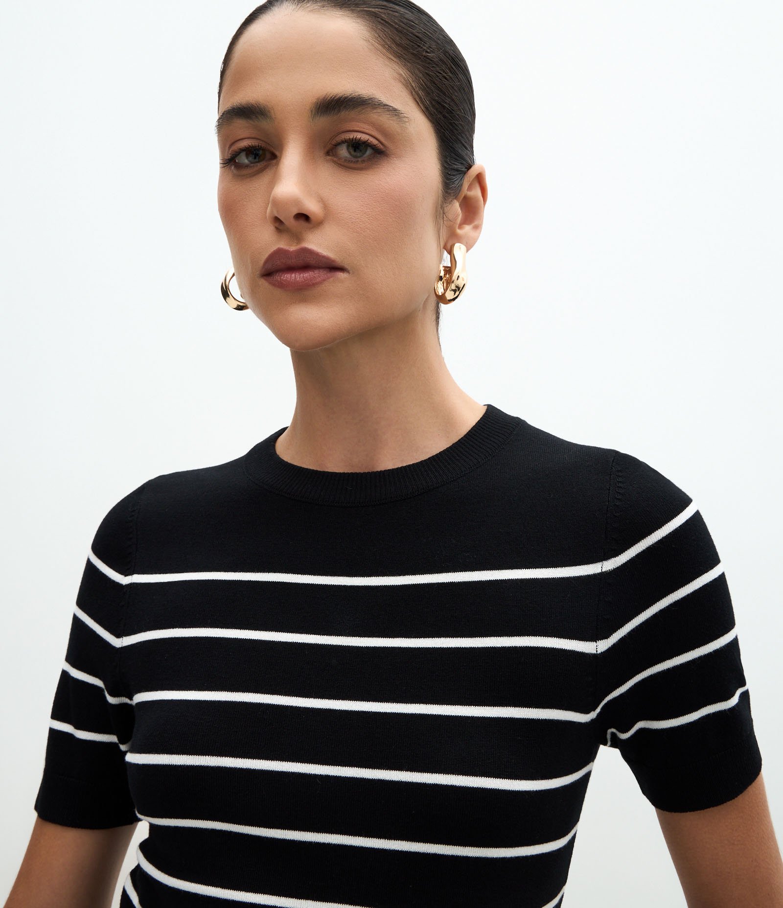 Blusa Manga Curta em Tricô com Estampa Listrada Preto 3