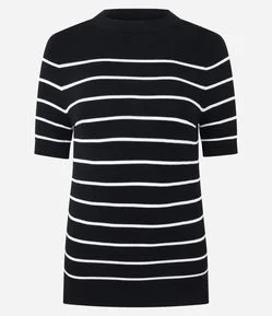 Blusa Manga Curta em Tricô com Estampa Listrada