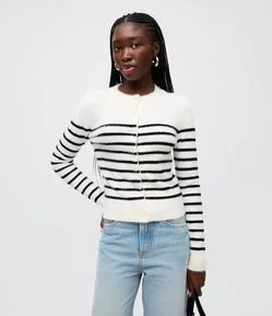 Cardigan em Tricô Listrado com Pelinhos e Botões de Pérola