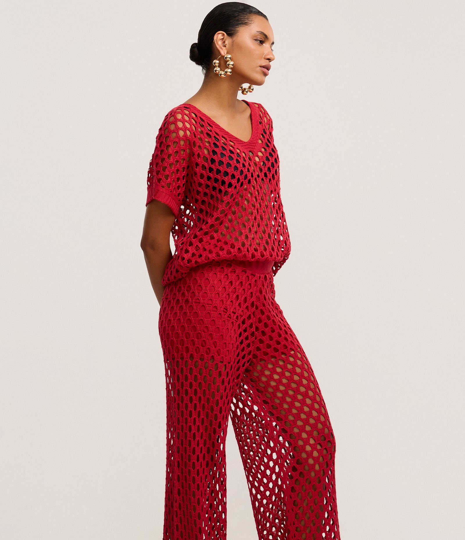 Calça em Tricô com Ponto Vazado e Elástico no Cós Vermelho 4