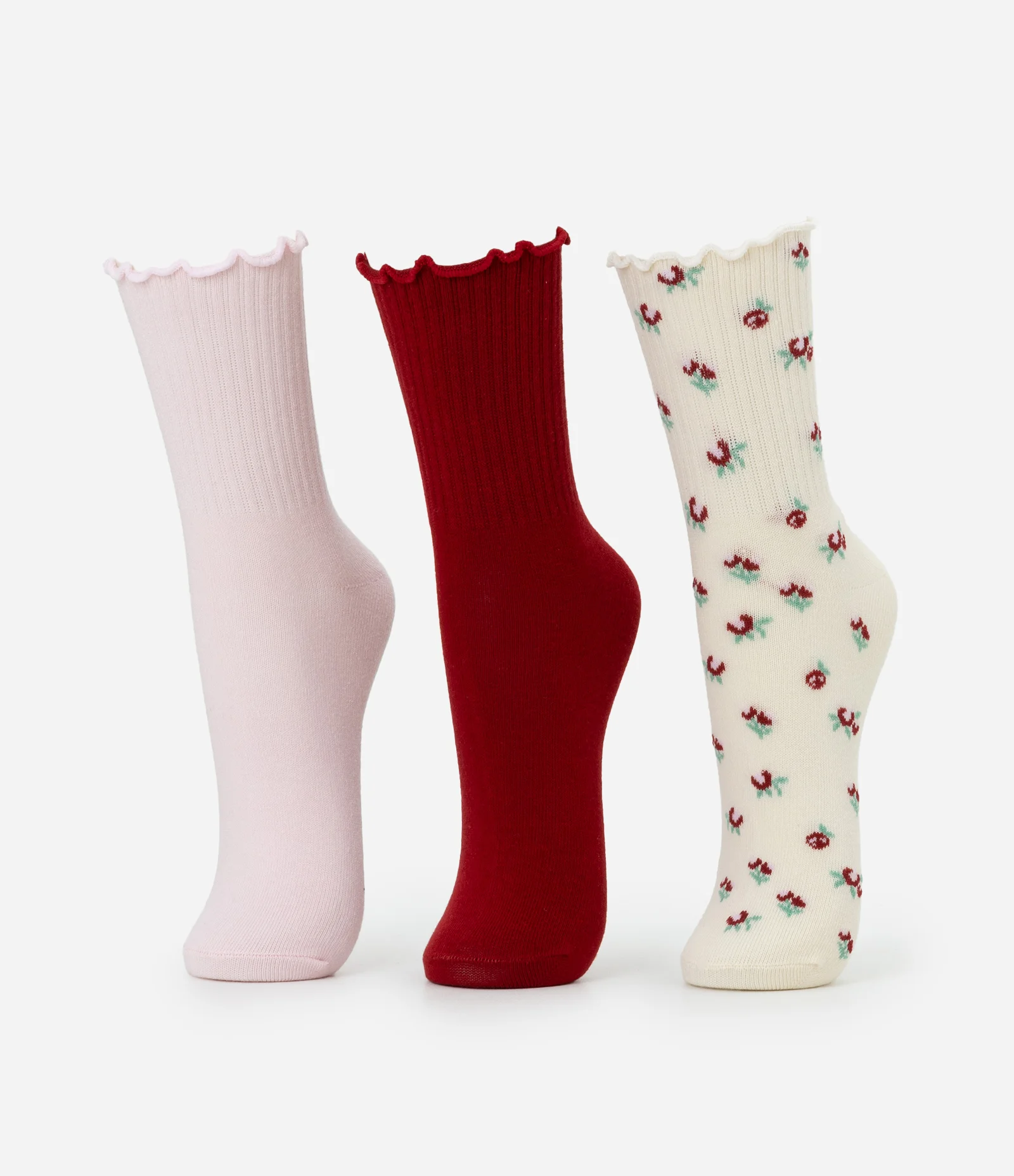 Kit 03 Meias Cano Médio em Algodão com Punho em Picot Multicores 1